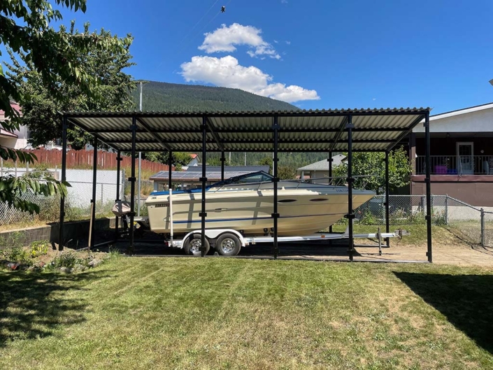 Covered boat shed for 24-ft boat on trailer Covered boat shed for 24-ft boat on trailer